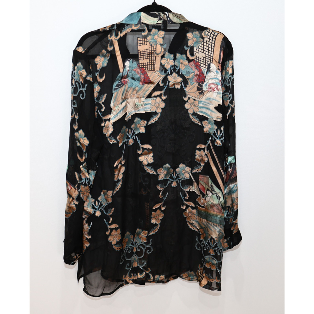 A4 Auth CITRON Santa Monica Floral Black Damask Silk Long Tunic Top Blouse Sz M - Picture 7 of 9